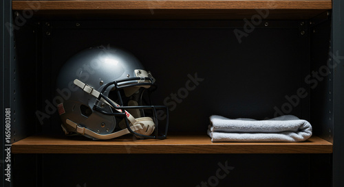Football Helmet in Locker: Sleek design and organized sports gear