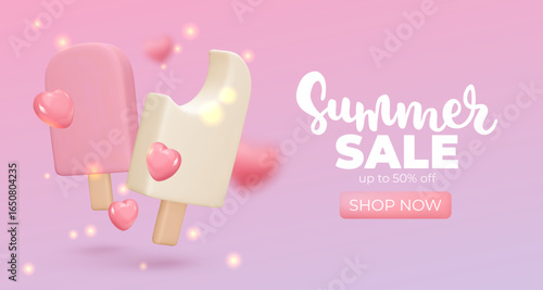 Banner with vanila and pink Ice cream on pink background, summer sale, up to 50%, 3d render. Design elements. Realistic sweet food poster. Vector illustration for menu, shop, flyer, web, adv, sale