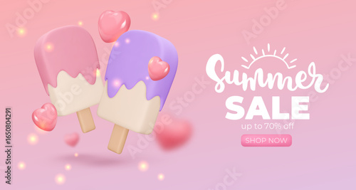 Banner with vanila Ice cream glazed on pink background, summer sale, up to 70%, 3d render. Design elements. Realistic sweet food poster. Vector illustration for menu, shop, flyer, web, adv, sale