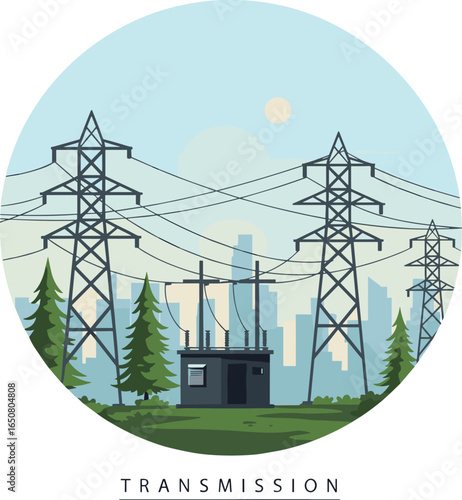 High voltage transmission towers, power lines, electrical substation, urban skyline, renewable energy, sustainable infrastructure, electricity distribution, industrial landscape, green energy system