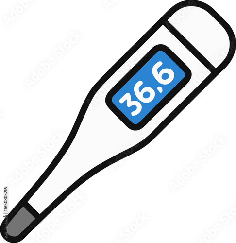 Vector illustration of digital thermometer with blue display showing body temperature 36.6, symbolizing medical check, healthcare, hospital, clinic, and wellness concept
