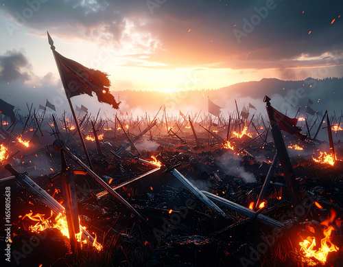 Ash-covered battlefield with banners