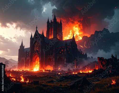 Gothic cathedral ruins in storm