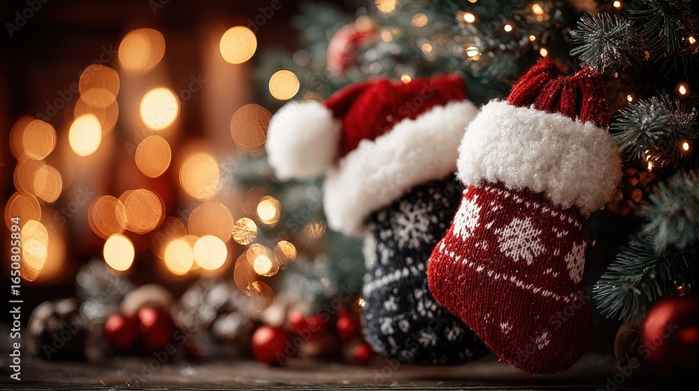 Obraz premium Festive Christmas Stockings Hanging by a Decorated Tree with Warm Bokeh Lights