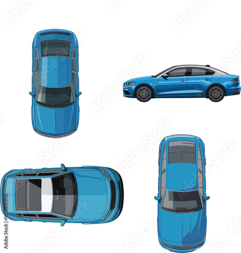 Top down view of a bright blue modern sedan car