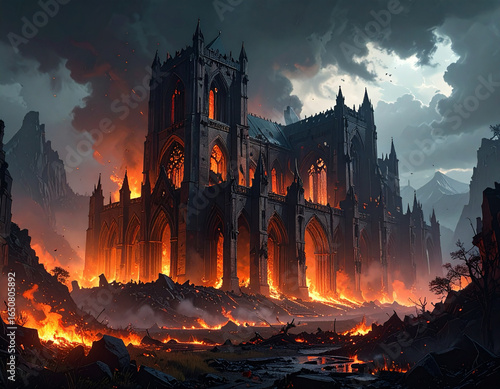 Gothic cathedral ruins in storm