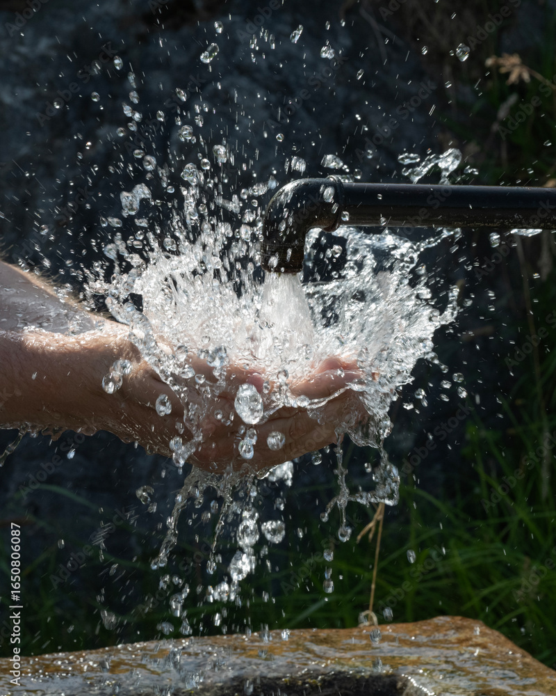 Fototapeta premium Quellwasser aus einem Brunnen spritzt auf Hände