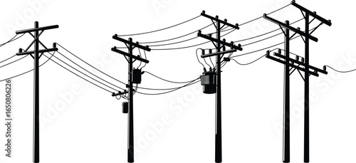 Silhouette of urban electrical power lines and utility poles against clear sky, black and white illustration of energy distribution infrastructure network