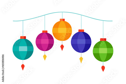 Colorful Paper Lanterns Hanging Outdoors on White