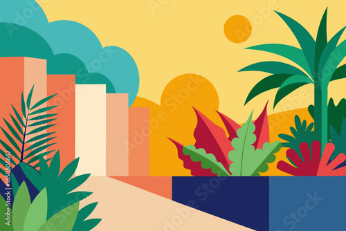 Colorful Tropical Wall Garden Under Direct Sun