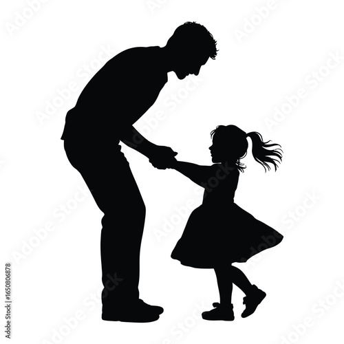 Silhouette of adult bending forward holding child’s hands, child in dress with ponytail, tender moment of care, guidance, and connection