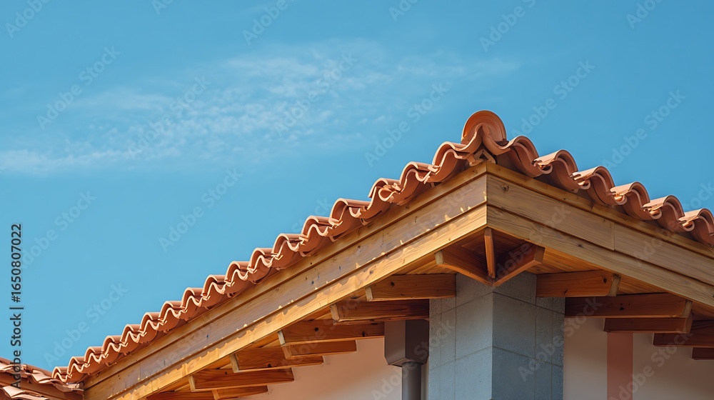 Obraz premium Roof with Clay Tiles Against a Clear Blue Sky on Sunny Day
