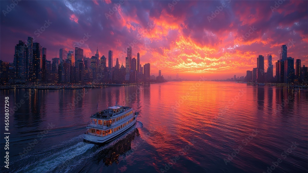 Naklejka premium City skyline at sunset with river cruise boat and colorful sky