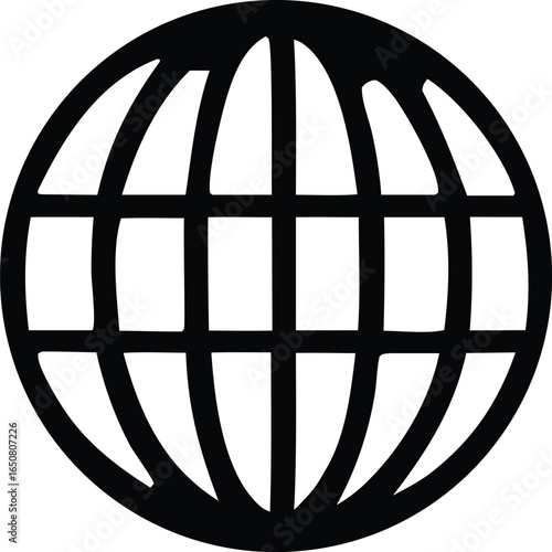 Simple black and white graphic illustration of a stylized globe with intersecting lines representing continents and meridians