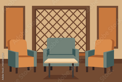 Cozy Hotel Waiting Room with Modern Armchairs and Wooden Accents