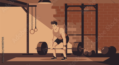 Man Lifting Weights in a Rustic Gym A Vintage Illustration