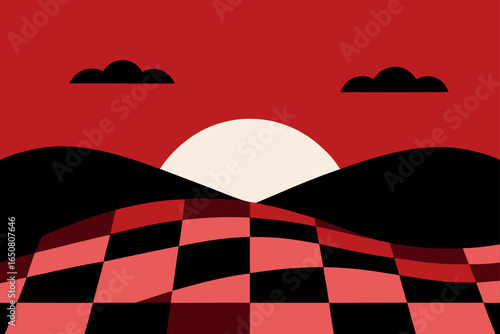 Crimson Hills under Checkerboard Sky