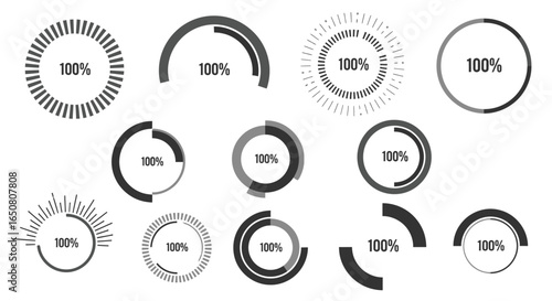 Vector art of collection of circular percentage indicators isolated on white background