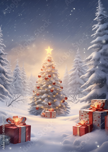 Sparkling Christmas tree decorated with golden lights and red ornaments in snowy forest, cozy festive holiday atmosphere.