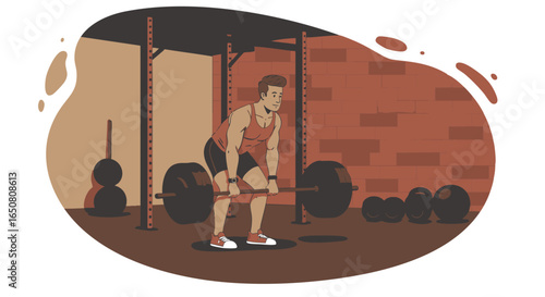 Stylized illustration of a powerful athlete focused on performing a heavy deadlift in a modern gym