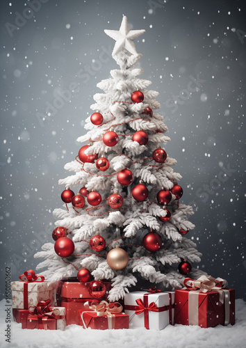 Sparkling Christmas tree decorated with golden lights and red ornaments in snowy forest, cozy festive holiday atmosphere.