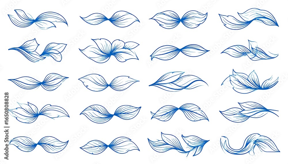 Fototapeta premium Collection of decorative, stylized leaf designs in shades of blue.