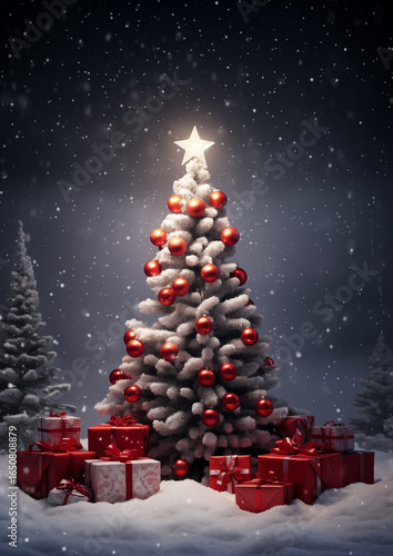 Sparkling Christmas tree decorated with golden lights and red ornaments in snowy forest, cozy festive holiday atmosphere.