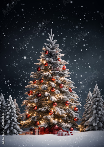 Sparkling Christmas tree decorated with golden lights and red ornaments in snowy forest, cozy festive holiday atmosphere.