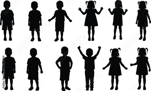 Black silhouette icons of children standing, playing, and posing in various positions, isolated vector illustrations on white background