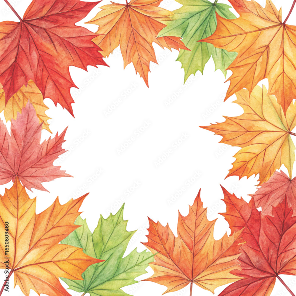 Fototapeta premium Autumn Leaves Clipart Frame Borders Watercolor White Background