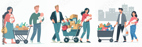 Flat Style Illustration Family With Shopping Cart And Baby Character
