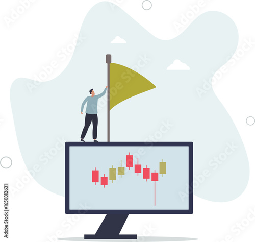 trader with green flag and stock price chart.