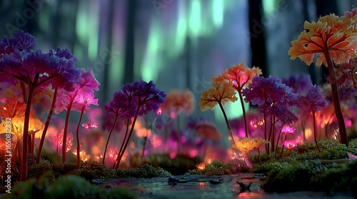 Magical glowing flowers under northern lights high resolution photo