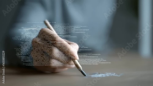 Hand-drawn icons blending with transparent code overlay