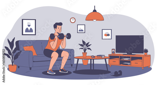 Active man performing dumbbell squats in his living room, maintaining a healthy fitness routine at home