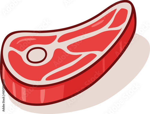 A cartoon illustration of a juicy, red steak, showcasing marbling and a bone-shaped hole.
