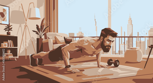Vector illustration of a bearded man exercising at home, connected to a digital fitness class with a city skyline view