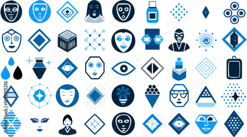 Collection of blue and white icons featuring faces, shapes, and various abstract designs neatly arranged silhouette