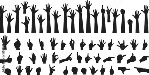 Black silhouettes of raised hands and fingers in various gestures and positions on a white background, isolated vector icons