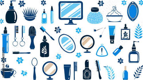 Illustration of various beauty and personal care products in shades of blue and white color palette silhouette