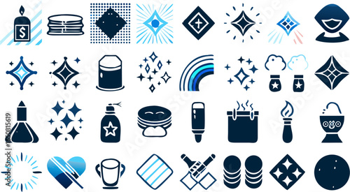 Collection of various cleaning and hygiene related icons including stars sparkles and cleaning products icons silhouette