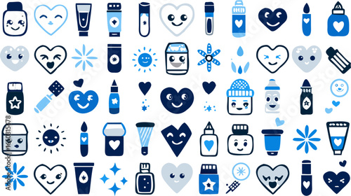 Collection of cute blue and white icons featuring hearts stars suns and various container shapes and faces silhouette