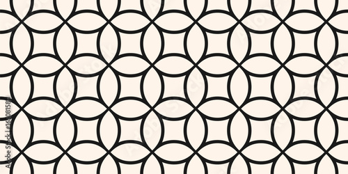 Black and white circular grid seamless pattern. Simple minimal vector ornament texture with circle mesh, net, lattice, curved lines. Abstract geometric background. Elegant repeat monochrome design