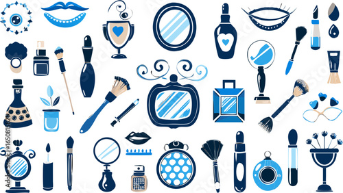 Illustration displaying a collection of beauty and cosmetic items in shades of blue and white silhouette