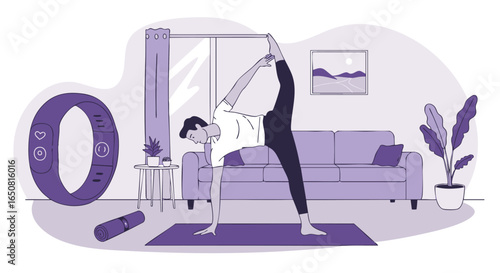 Illustration of a woman practicing an advanced yoga standing split pose in her modern living room for home fitness and mindful wellness