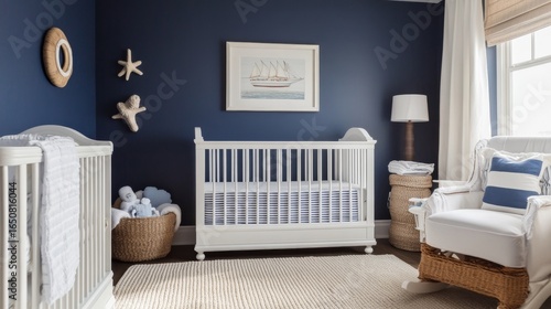Creating a cozy nautical-inspired nursery with navy blue walls for modern families