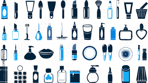 Illustration showcasing an assortment of beauty and cosmetic products in blue and dark colors silhouette