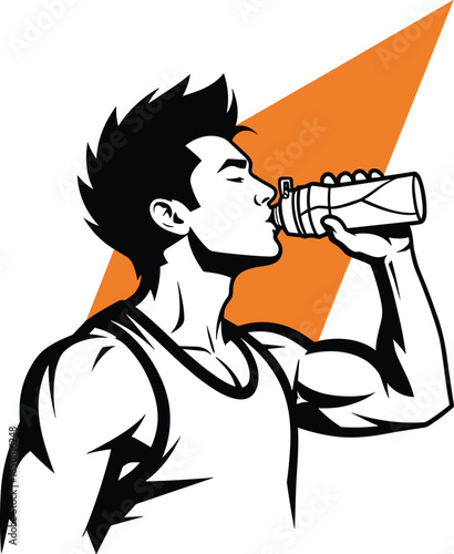 Stylized illustration, muscular person, drinking water, fitness concept, athletic pose, spiky hair, sleeveless shirt, hydration theme, orange geometric background, dynamic energy