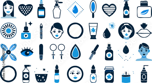 Illustration of various beauty and cosmetic products including skincare items and makeup accessories icons silhouette