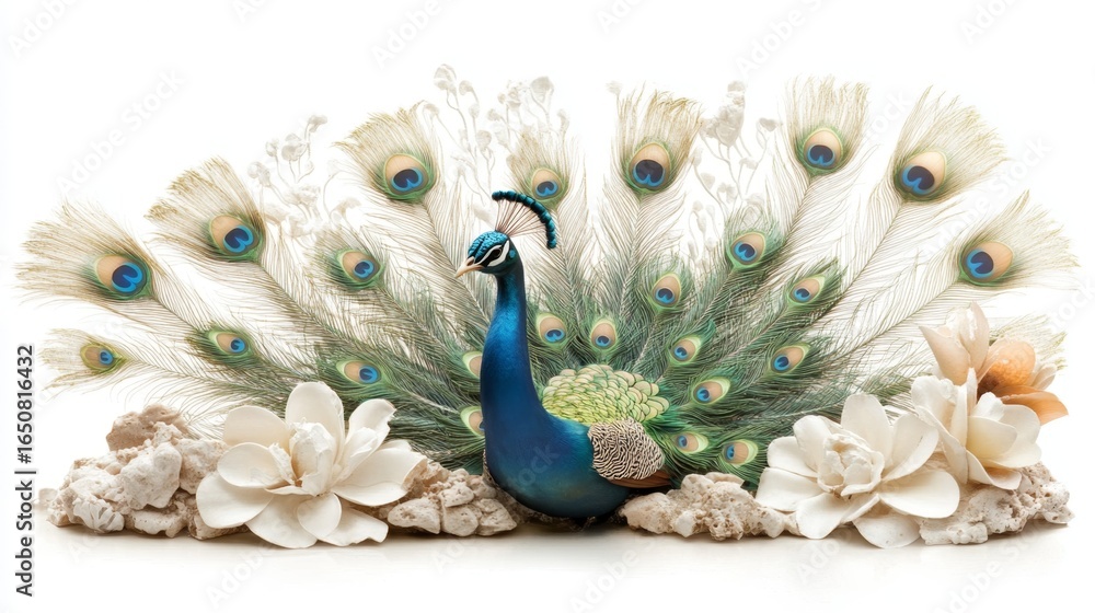 Fototapeta premium A peacock perched elegantly with its tail fanned exotic garden wildlife photography serene atmosphere close-up vibrant colors